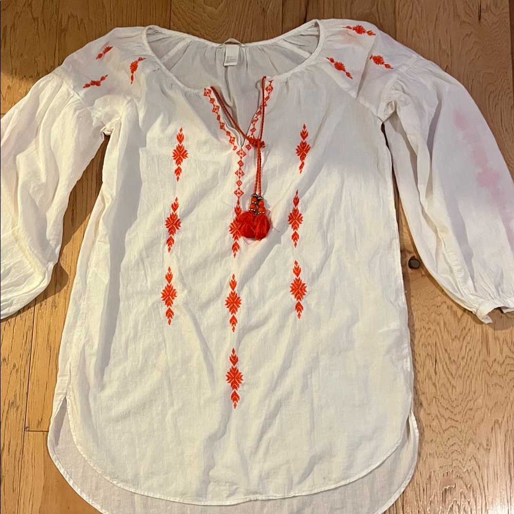 H&M Ivory Blouse or beach cover-up with Orange Embroidery